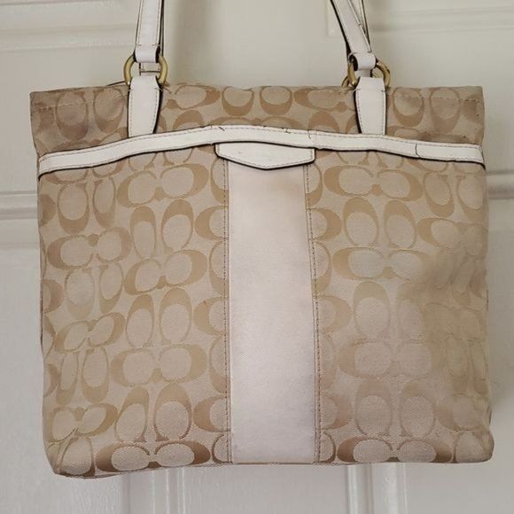 12CM COACH SHOULDER TOTE BAG KHAKI IVORY SIGNATURE JACQUARD HANDBAG PURSE WOMENS - Picture 2 of 13